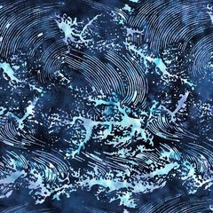 batik crashing waves navy blue aqua turquoise prewashed 100% cotton 1yd