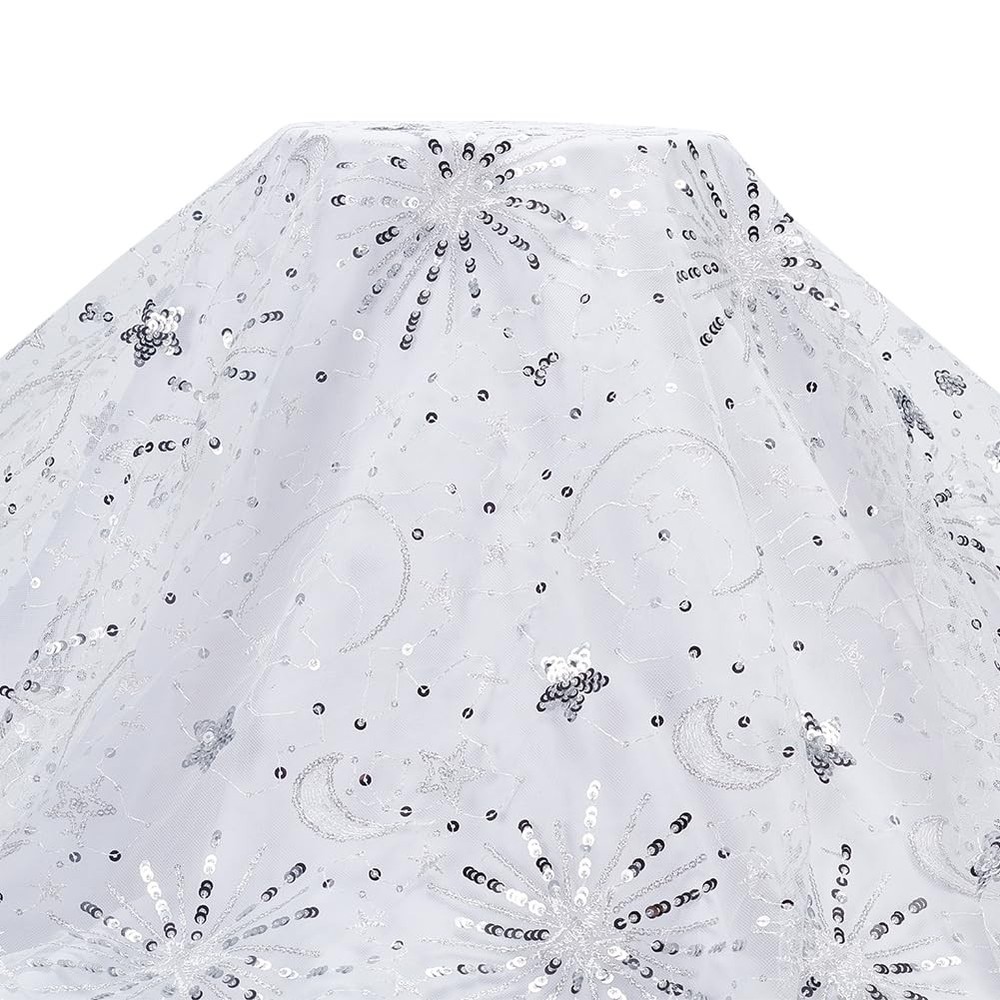 2 Yards×61.4 Inch White Stars Moon Sequins Lace Fabric Sparkly Embroidery Fab…