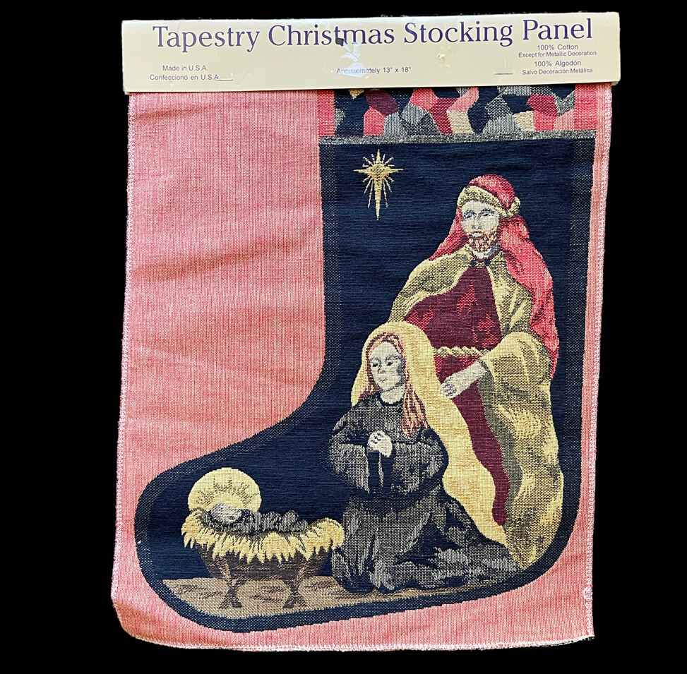 Vtg Nativity Scene Tapestry Christmas Stocking Fabric Panel Cotton Metallic USA
