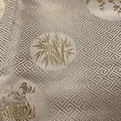 Over 2 yards ~ Asian brocade fabric Peach with Gold and Cream flowers. Wide 28”