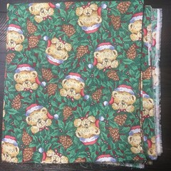 VTG Woodward Christmas Fabric Striped Teddy Bears Holly Green Red White 2.75YDS