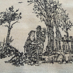 VTG French Country Toile Fabric Black Beige Pastoral Colonial Farmstead 2.5 yd