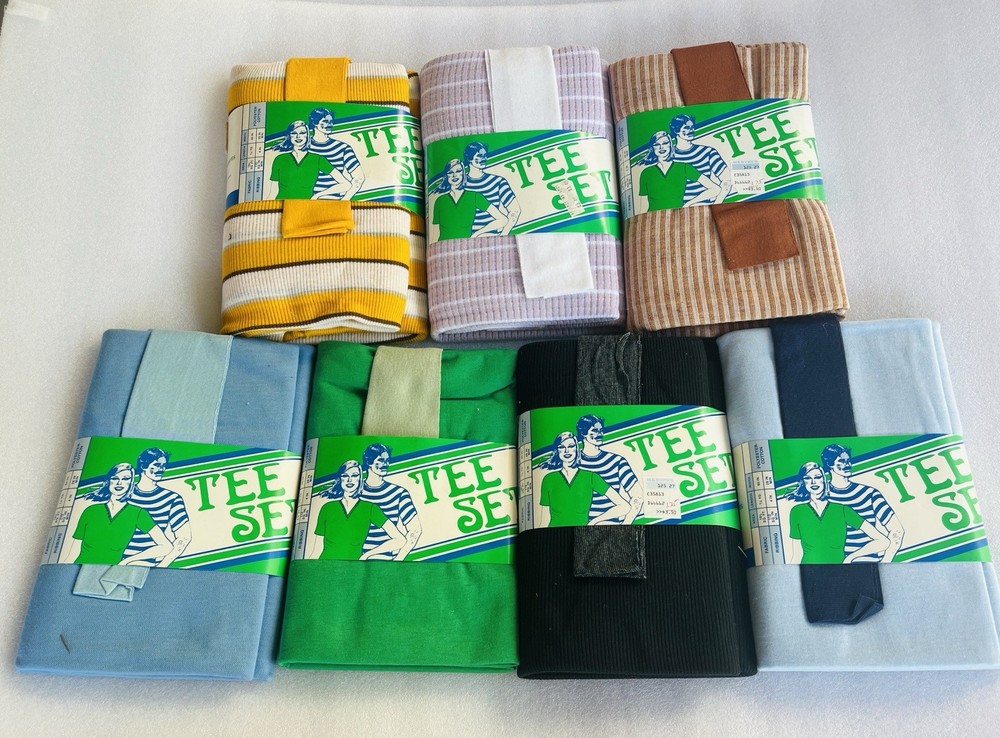 Vtg 70s Tee Set Fabric Wholesale Lot 7pc Deadstock Knit Ribbing NOS Stripe Solid