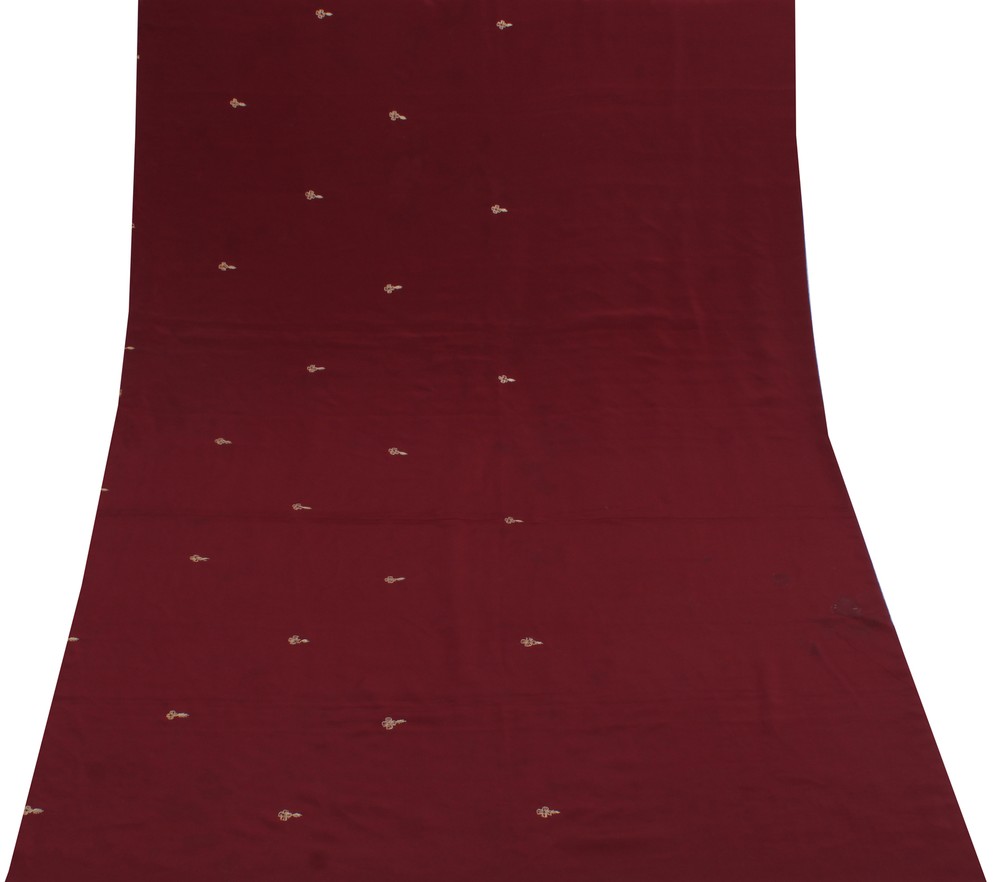 Sushila Vintage Maroon Sari Remnant Scrap Blend Silk Hand Embroidered Fabric