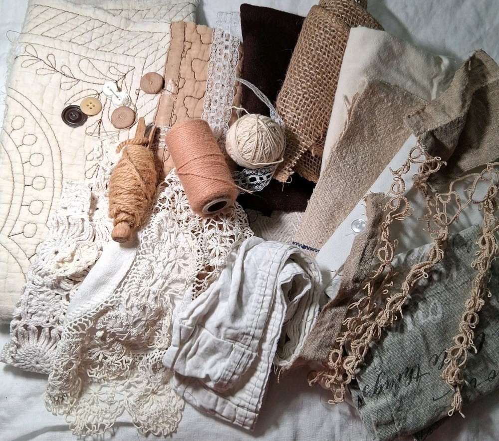 Neutral Needlework Slow Stitch Bundle Vintage Fabric Embroidery Lace Craft Sew