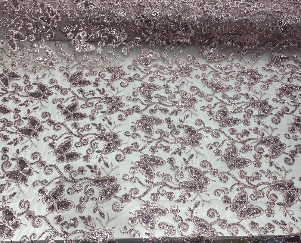 Dusty Butterfly Sequin Lace Fabric – 3D Embroidered Floral Mesh Couture Beaded