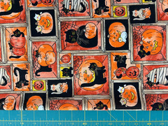 Vtg 90s Halloween Fabric Black Cat Pumpkin Box Grid Cotton by the HALF YARD