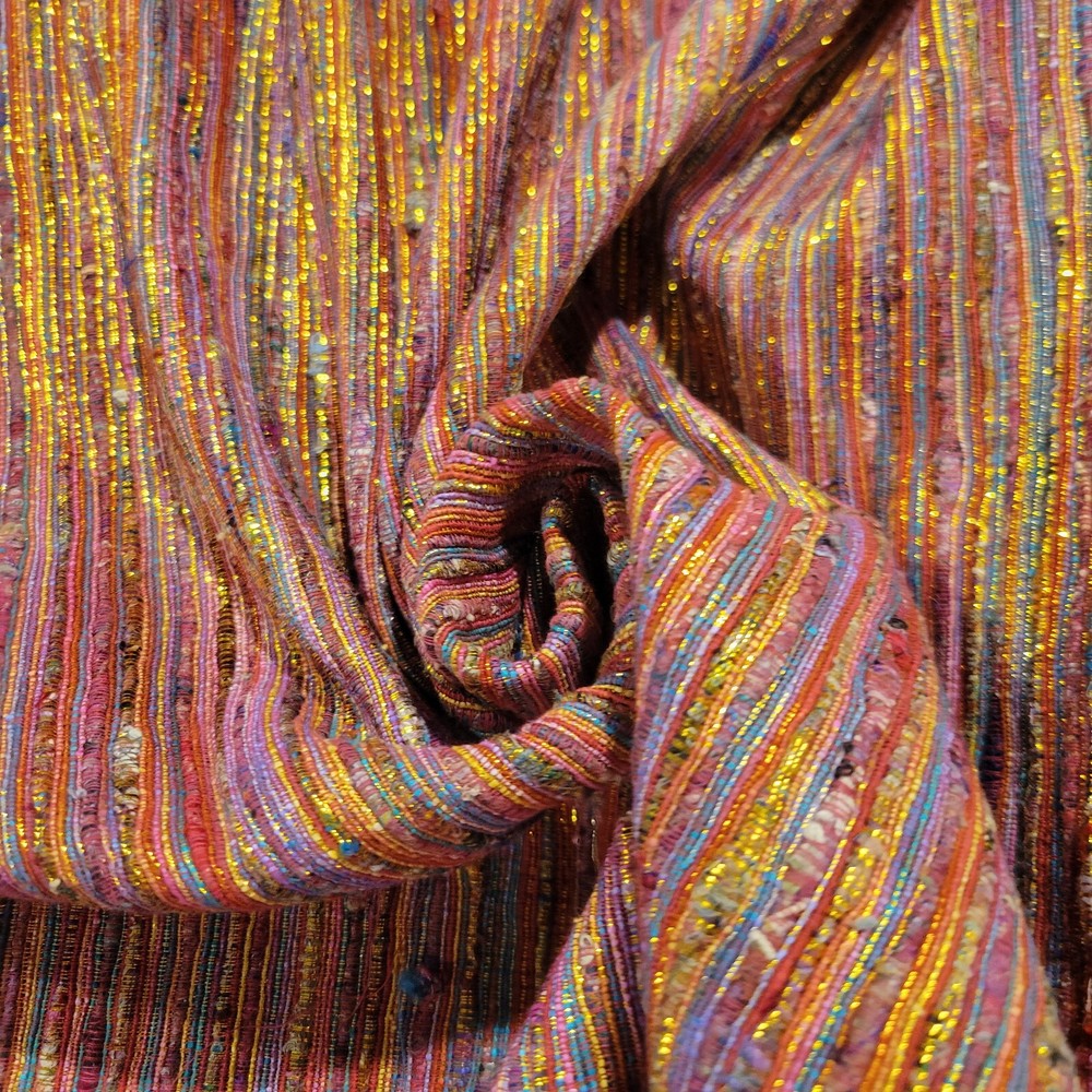 Pinks, Colors, Metallic Gold Handwoven Silk Fabric – Sari Waste – Eco-Friendly