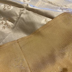 Over 2 yards ~ Asian brocade fabric Peach with Gold and Cream flowers. Wide 28”