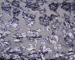 Navy Blue & Silver floral Velvet Burnout on chiffon Fabric By the Yard 45″ W