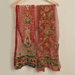 Sanskriti Saskriti Vintage Combo Of Design Fabric Hand Beaded Craft Dark Red Dre