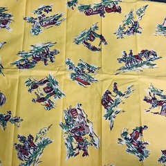 VTG `50`s Southwestern Cowboys Horses Wagons Hacienda on Yellow 15″x20″