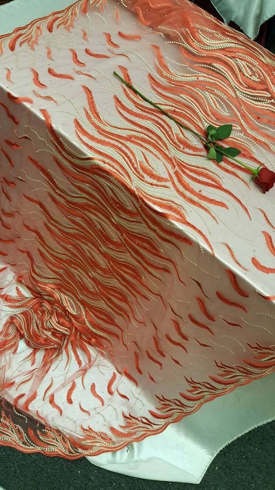 Red Gold Embroidered Lace Feathers Rinesthone Red Mesh Prom Fabric Sold by Yard