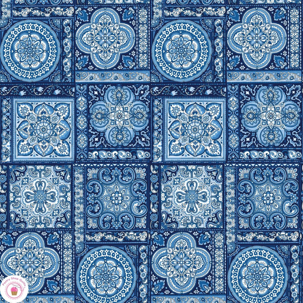 Benartex BLUESETTE 13444 55 Navy Blue Floral Tiles Quilt Fabric JAN SHORES