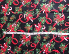 1 yd Cotton Fabric Black with Red Ribbons, Candy Canes & Pinecones & Ivy