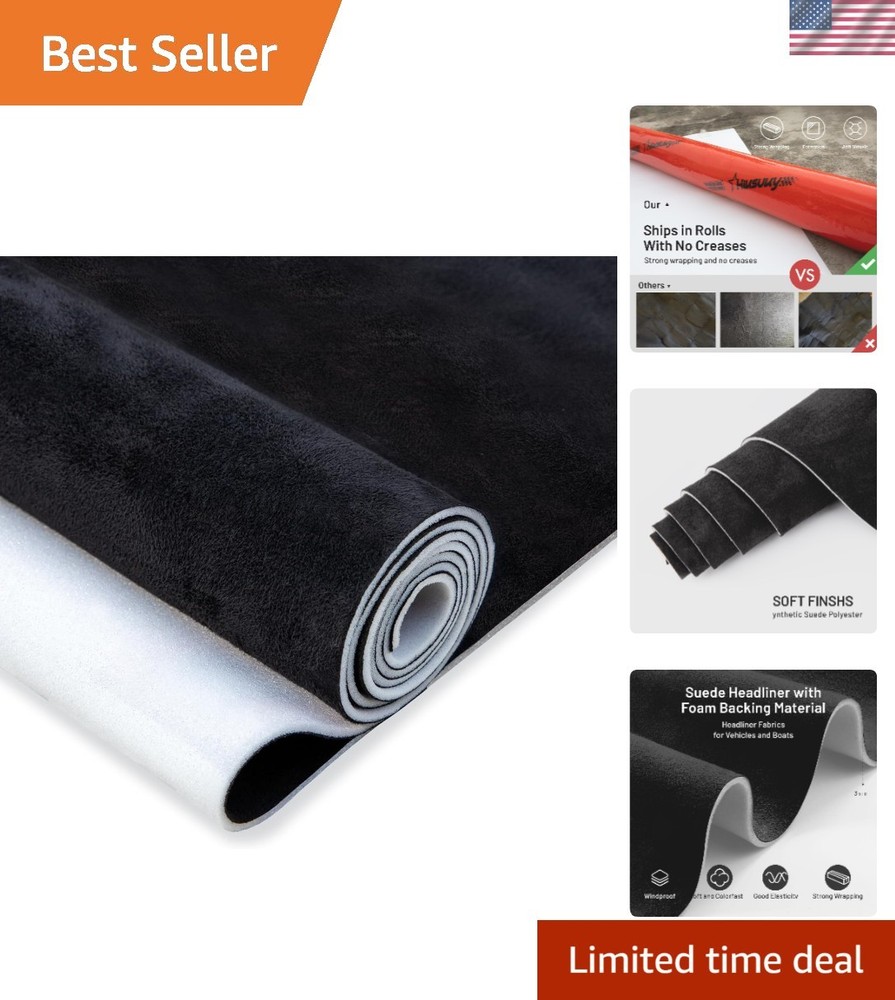 Soft Black Suede Headliner Fabric 98″ L x 60″ W – Durable with Foam Backing