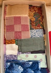 Box of Vintage Fabric Pieces, Quilt Pieces and Remnants 16 x 9 x 2″ 2 1/2 lbs