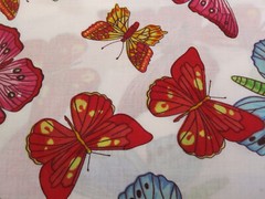 Cotton Fabric Butterflies Red Blue Green On White BTY 56