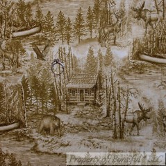 BonEful Fabric FQ Cotton Quilt Cream Scenic Tree Forest Woods Country Cabin Deer
