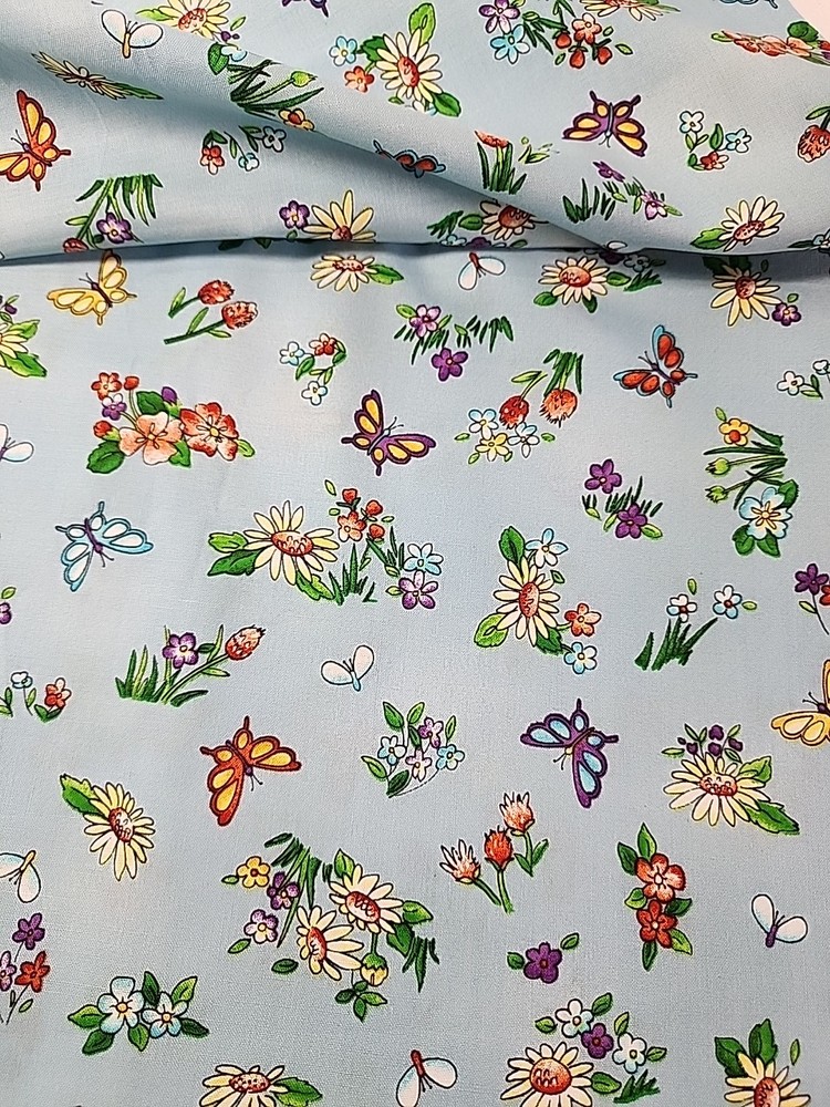 MMFab Blue Floral Butterfly Print Cotton Quilting Sewing Fabric 44″ X 5.1yds
