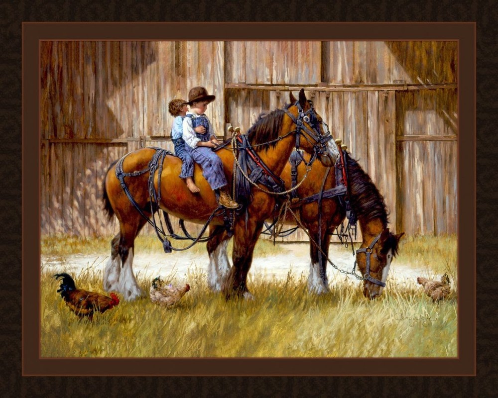 BACK TO THE BARN – Horse And Riders Fabric Quilt Panel 45″X36″ 100% Cotton
