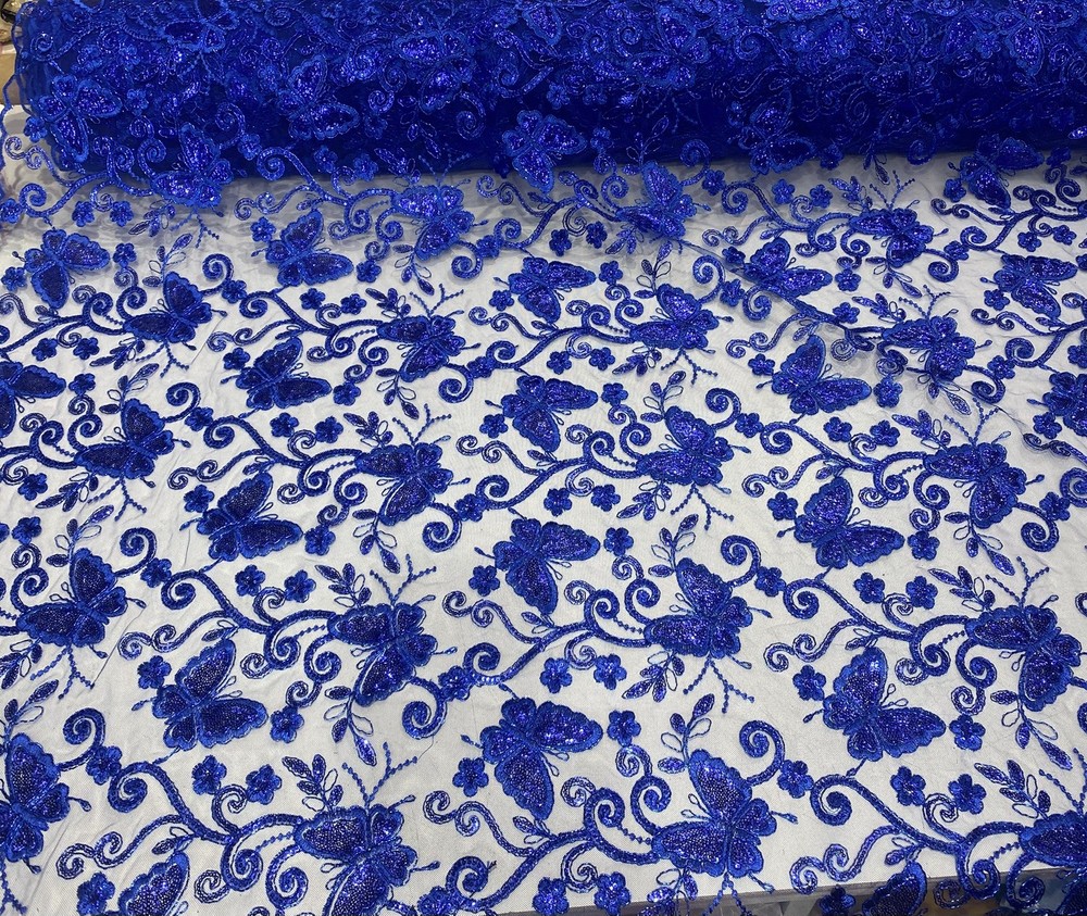 Royal Butterfly Sequin Lace Fabric – 3D Embroidered Floral Mesh Couture Beaded