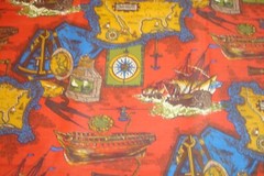 Vtg 1 of 5 yds Nautical Fabric Maps Ship Voyage drapery Cotton Red 44″ x 36″ BTY