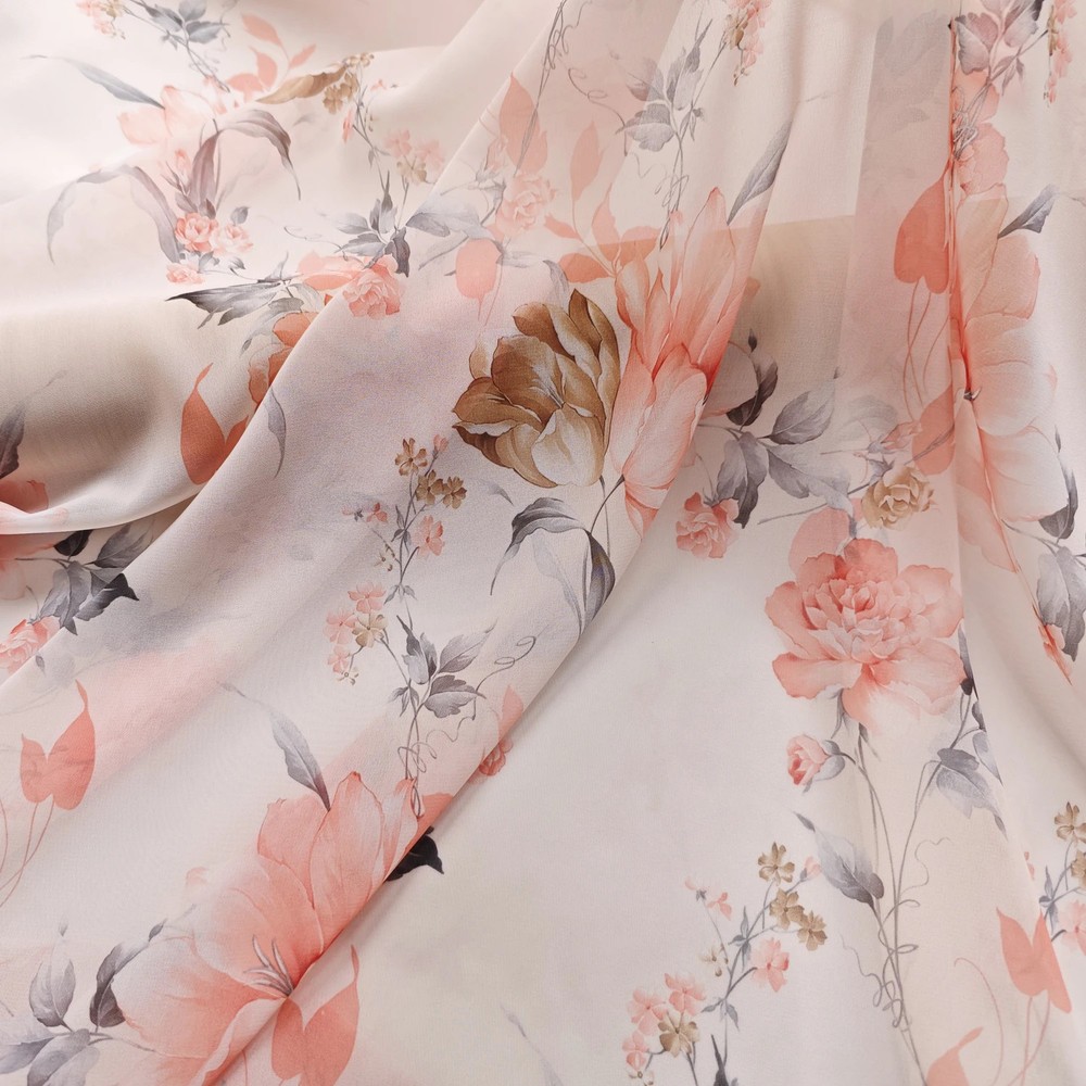 58” Wide Orange Blue Floral Chiffon Fabric Dress Skirt Hanfu Material Chiffon