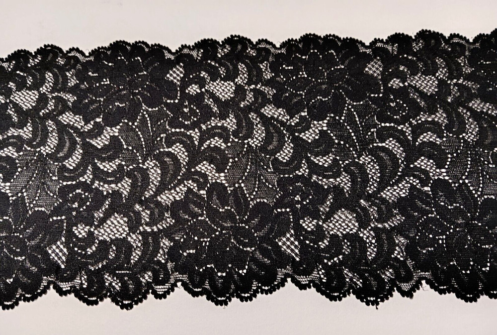 Black Floral Stretch Lace Trim 5.5″ Wide DIY Clothing Crafts Lingerie – BTY