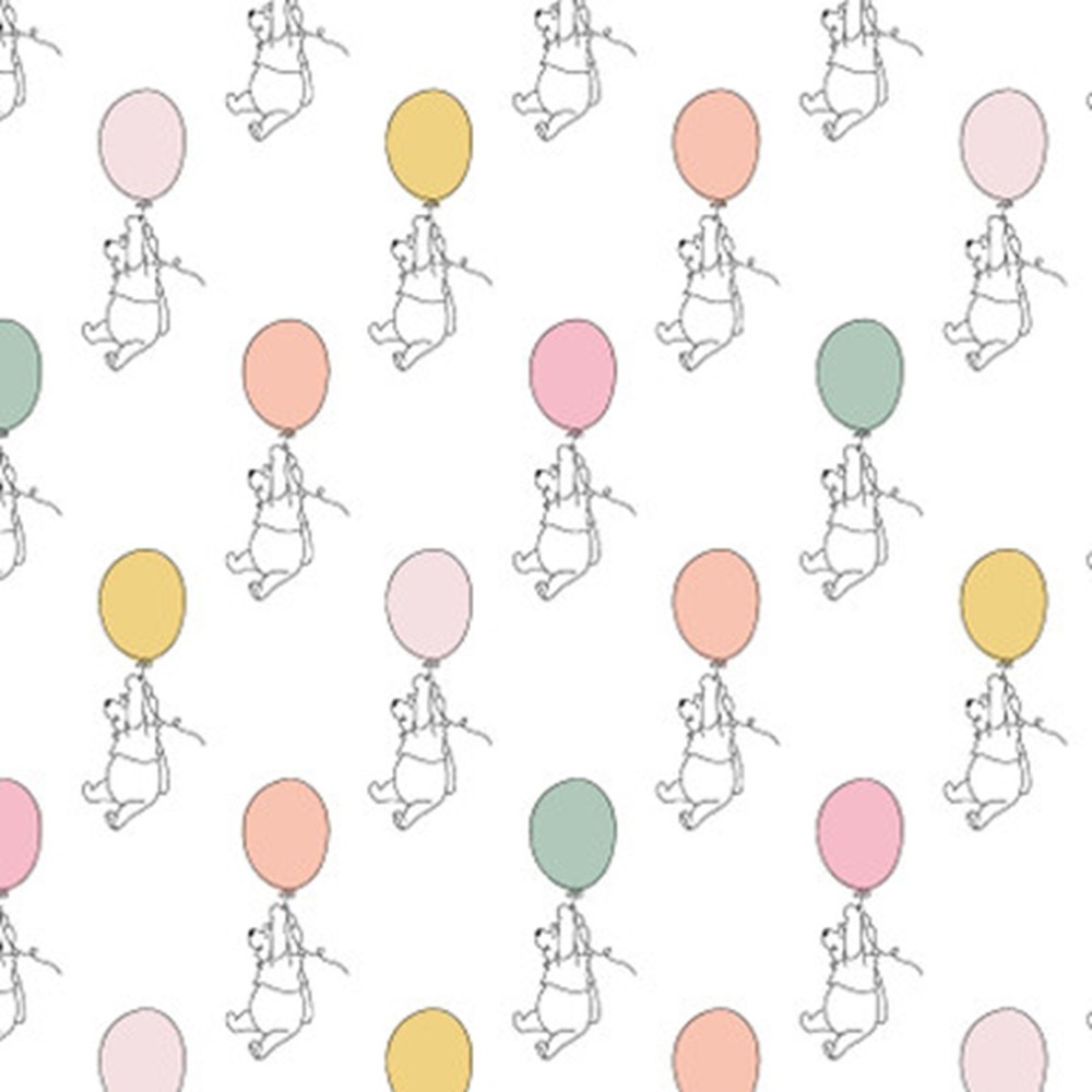 Winnie the Pooh Floating on Pastel Balloons on White Children’s Cotton Fabric