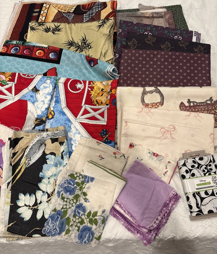 Vintage Fabric Bundle Lot Quilt Upholstery Panel Kids Holidays Silk Mixed 10 lbs