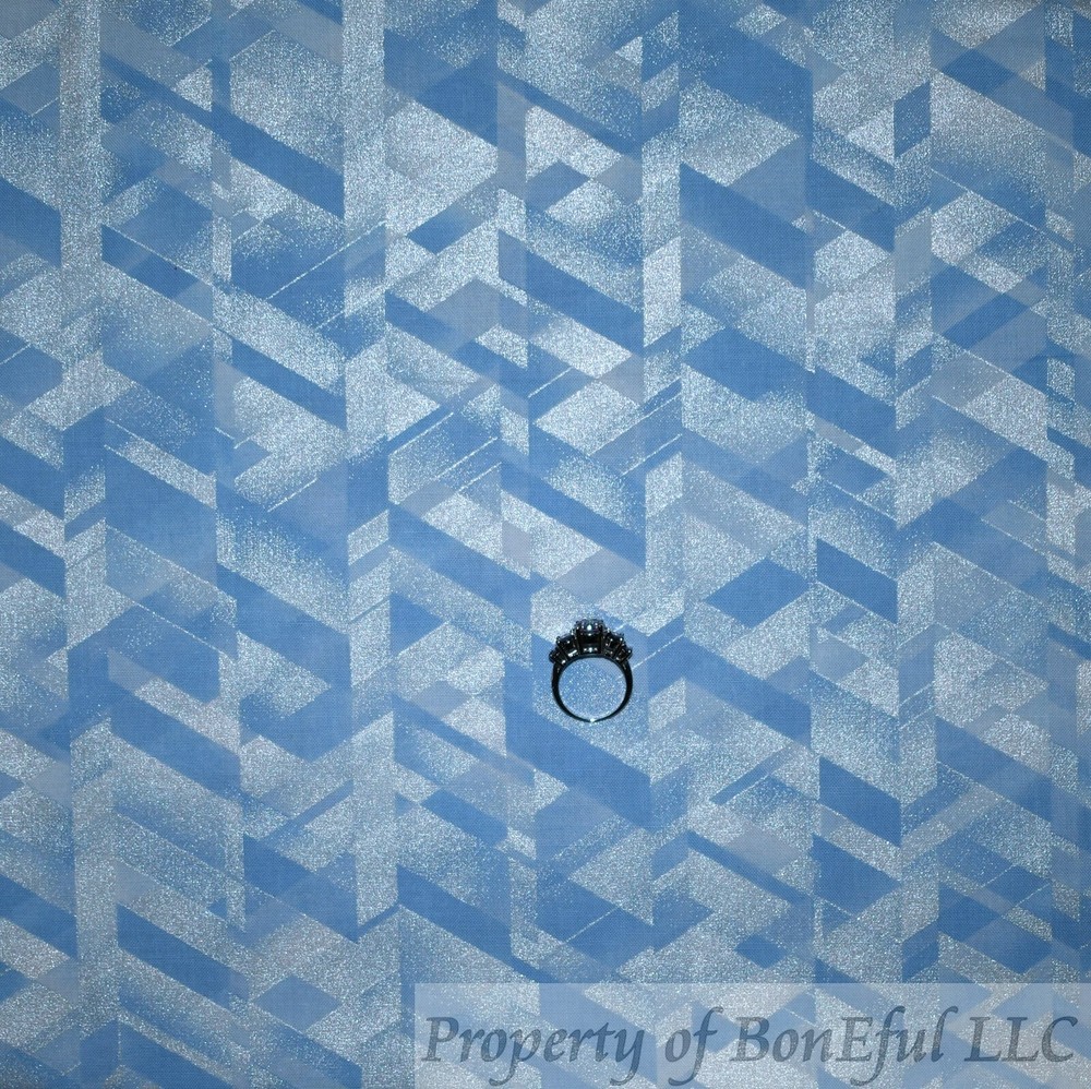 BonEful Fabric FQ Cotton Quilt Blue White Tone Prism Silver Metallic Magic Print