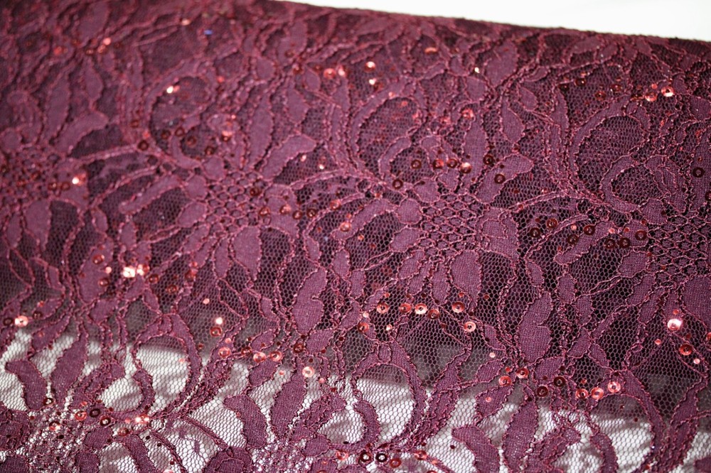 EMBROIDERED FLORAL LACE FABRIC WITH BEAD SPARKLE BURGUNDY 58″ WIDE BY THE YARD
