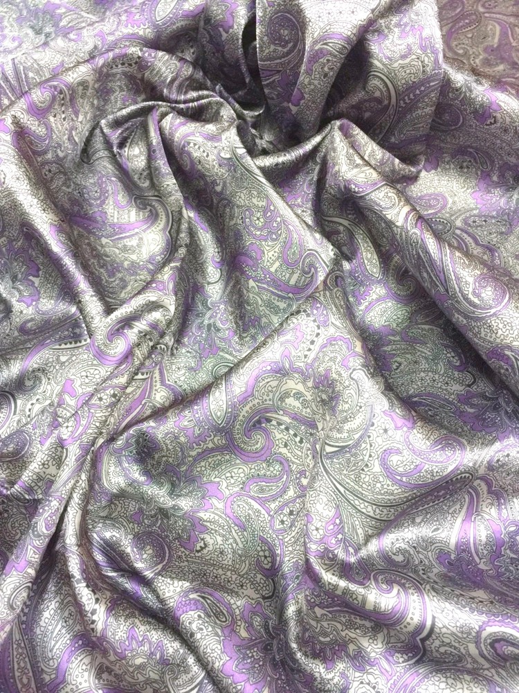 Paisley Print NON-STATIC Viscose Satin Feel Material Fabric BTY -Purple Gray