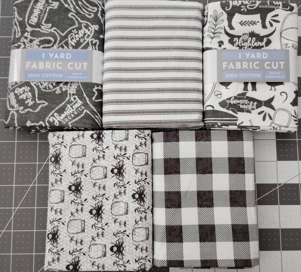 NEW! 5-1 Yd Cuts Farmhouse Cotton Quilting Fabrics Charcoal Gray/White
