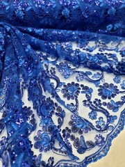 Royal Blue Lace Corded Design Embroidered With Sequins Mesh Lace Fabric By Yard
