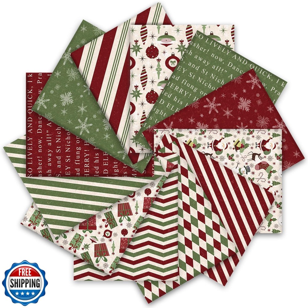 12Pcs Christmas Cotton Fabric Bundles Xmas Plaid Stripe Snowflake Gift Printe