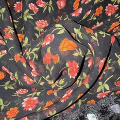 Sheer Black Floral Fabric with Red Orange Flowers