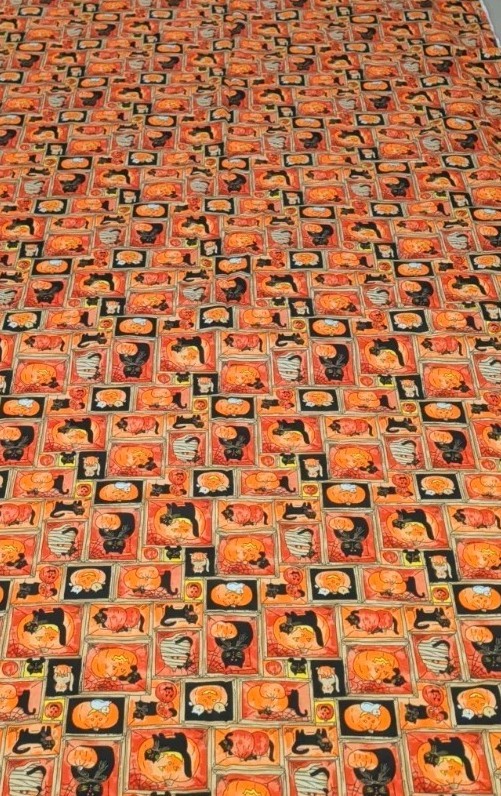 Vintage Retro Style Halloween Orange Black Pumpkin Cat Mummy Fabric 3.5 Yards