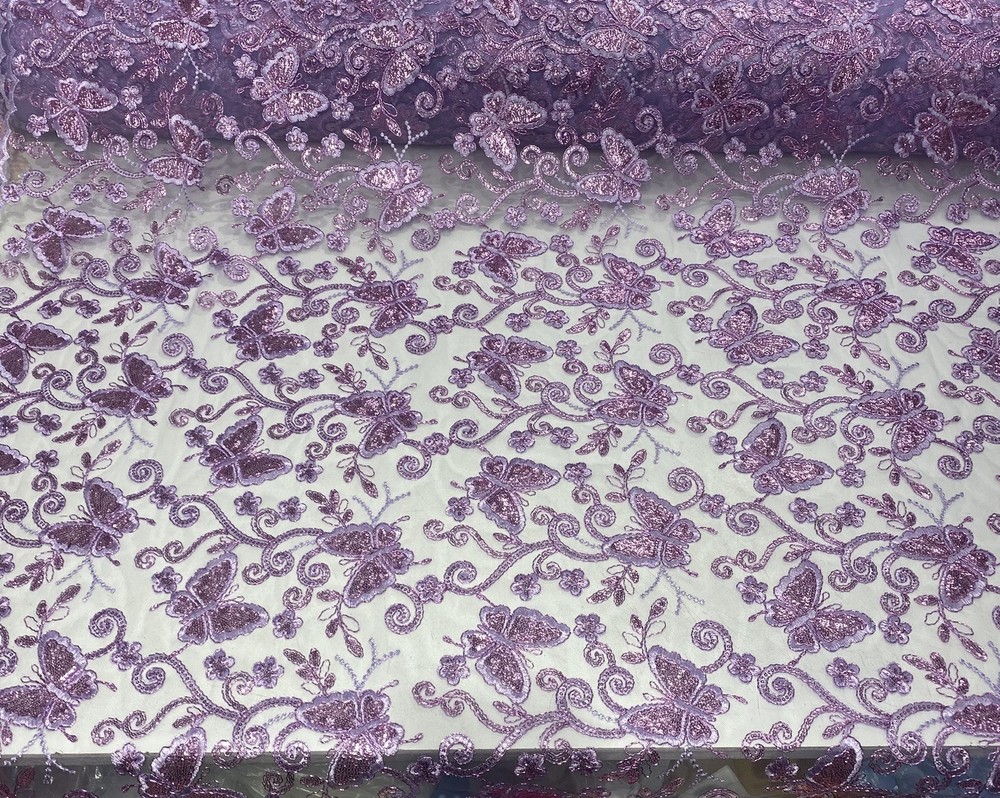 Lavender Butterfly Sequin Lace 3D Embroidered Floral Mesh Couture Beaded Fabric