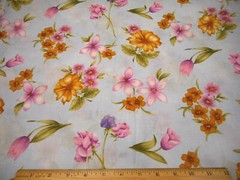 Floral Fabric 1 7/8 Yard SALE Pink Lt Purple Golden Brown on Blue Cotton Vtg #PC