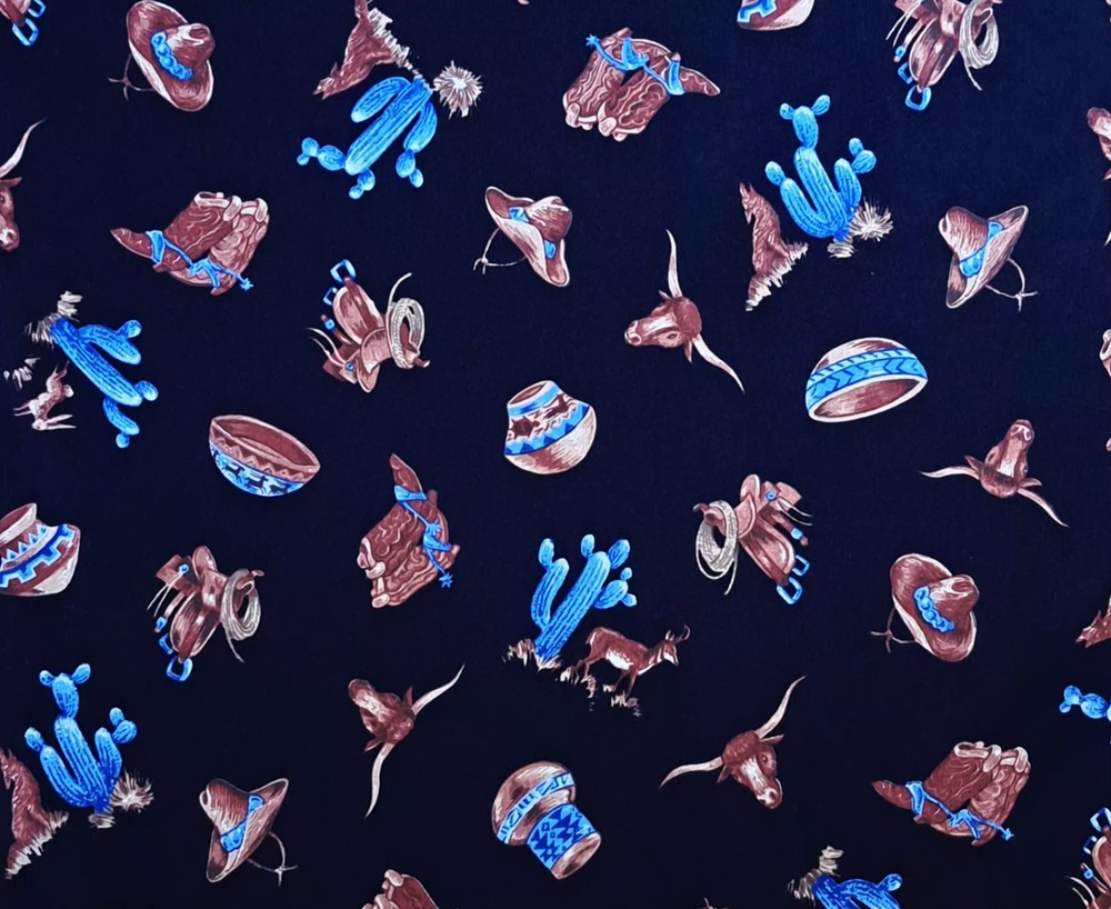1 Yard Cowboy Hat Boots Saddle Cactus Steer Black Print 100% Cotton Fabric