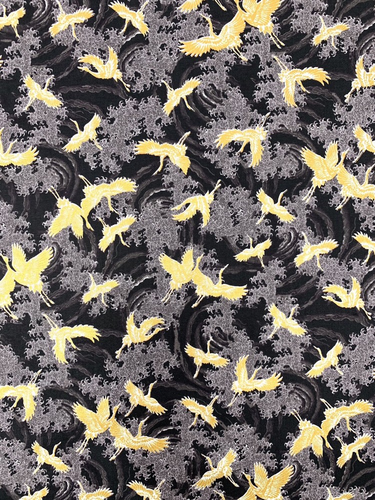 Japanese fabric small cranes birds art deco black gold heron stork asian chinese