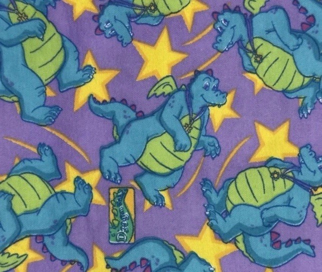 Vintage Dragon Tales Blue Dragon Ord Purple Stars Flannel Fabric 2003 44×22”