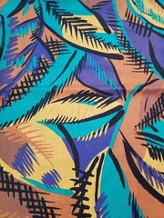 Vtg Burlington Studios Tropical Jungle Printed Fabric Teal Brown Purple 60″x72″
