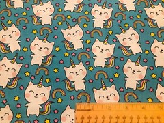 FQ Rainbow Kitty Cat Unicorn Stars Cotton Fabric Fat Quarter