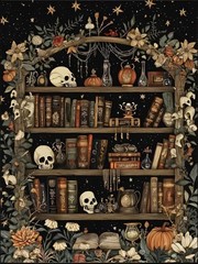 Gothic Skull Library Halloween 8×10 Cotton Quilt Crafting Fabric Block