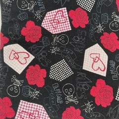 Black With Skulls And Red Roses Hearts Waffle Weave Double Knit 61” Wide x 4 Yds