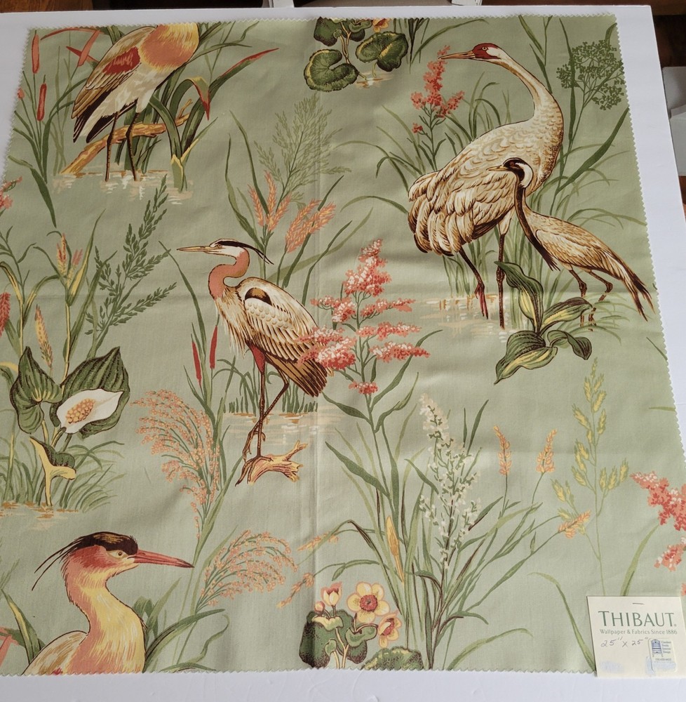 THIBAUT Green Heron Birds CASTLE PINE CUMBERLAND 25″ Square Cotton Sateen Fabric