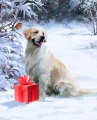 Christmas Dog with Gift Present Digital Fabric Panel 1 Yard #AL48851C1